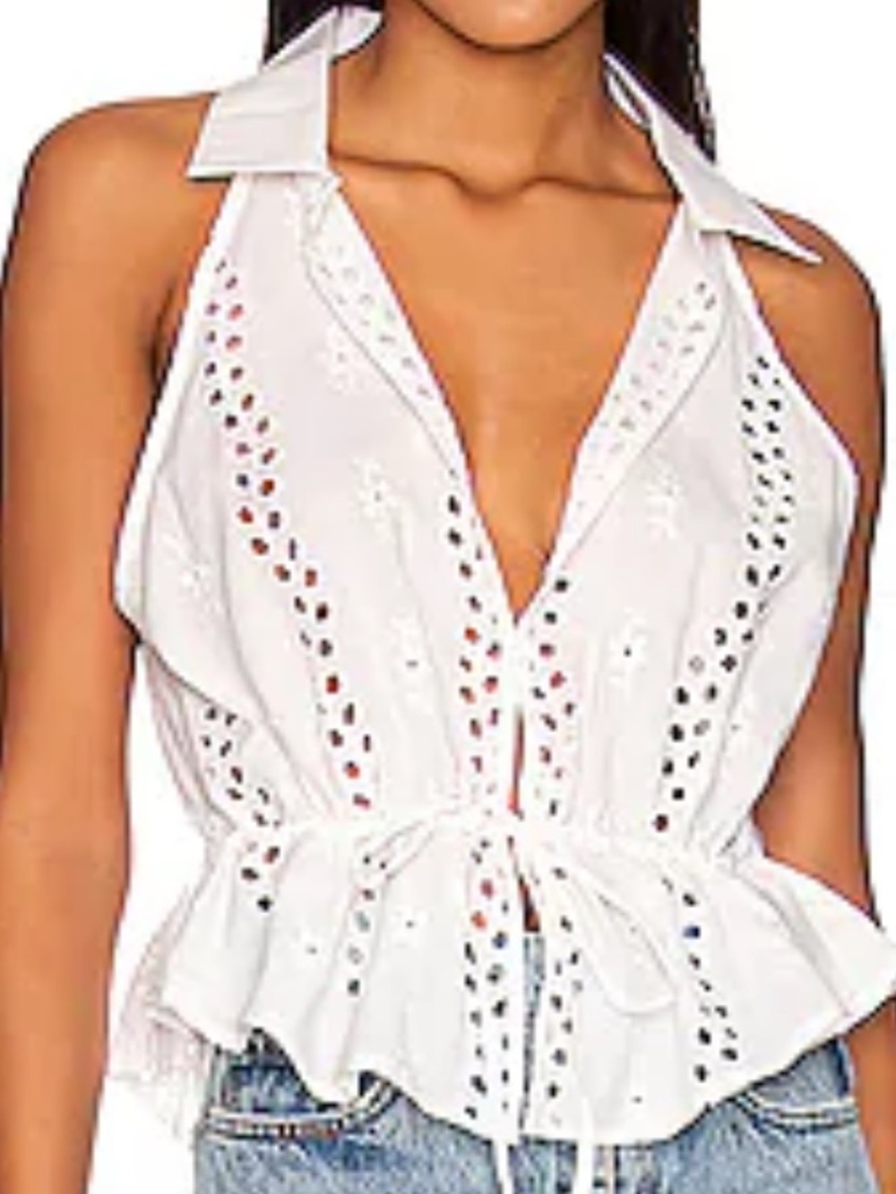 FREE PEOPLE White Eyelet Tie-Front Top